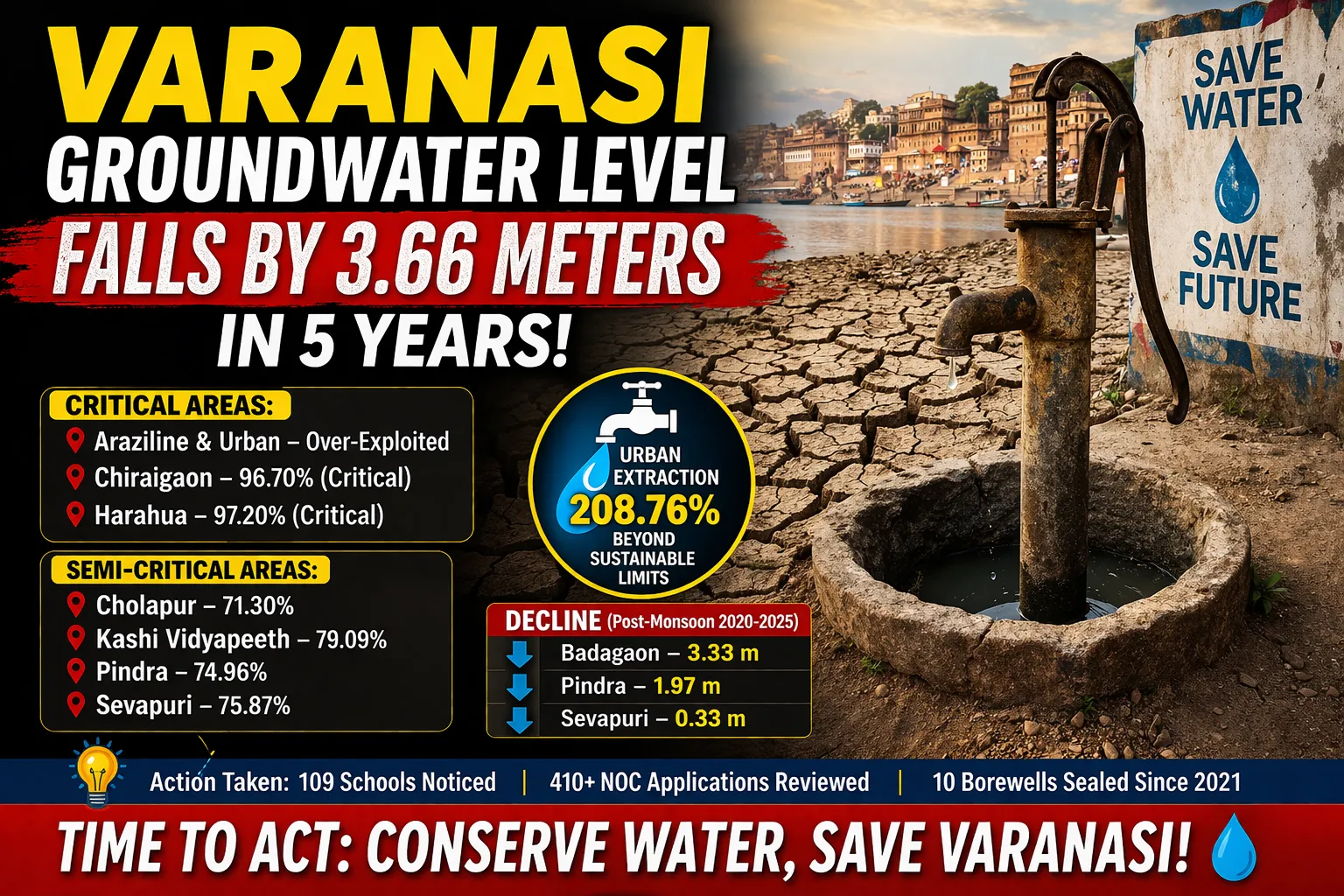 Varanasi Groundwater Crisis: Water Level Falls 3.66 Meters in 5 Years, Urban Areas Over-Exploited