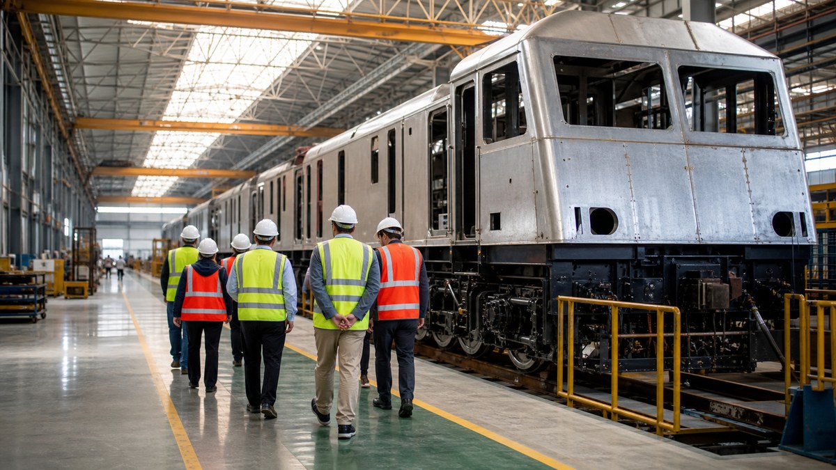 Delegation and engineers walking inside a locomotive manufacturing workshop