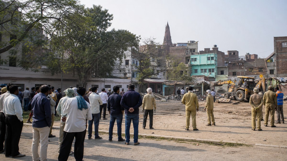 Police and residents gathered during a civic protest in Varanasi