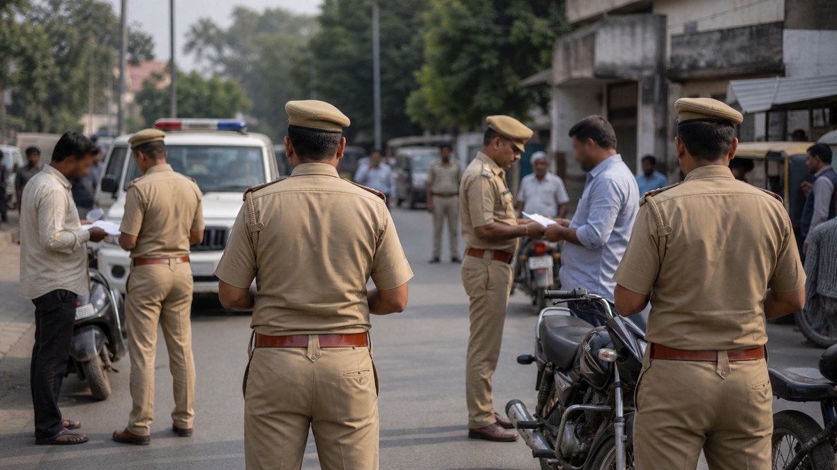 Police teams reviewing documents during an arrest briefing in Varanasi