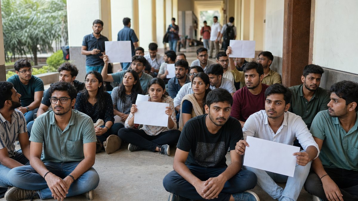 Students sitting in protest outside a university department building in Varanasi
