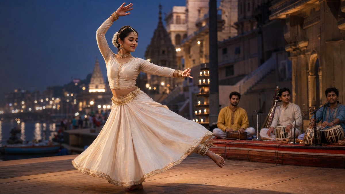 A young Kathak artist performing on a Varanasi ghat stage during an evening cultural programme