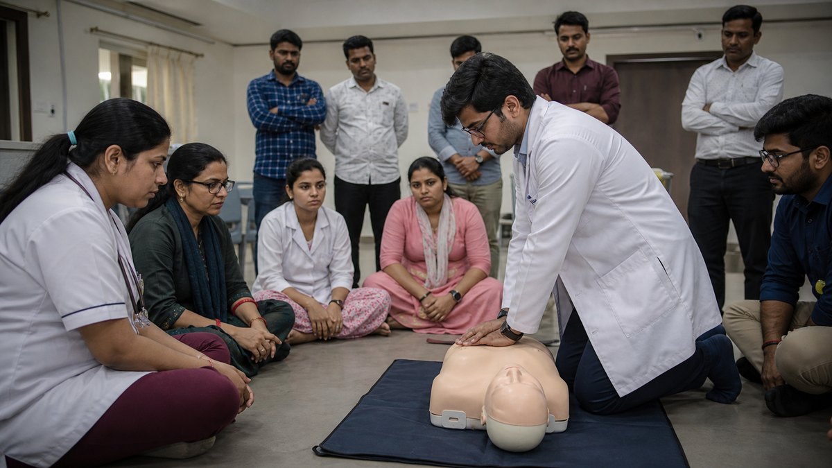 A doctor demonstrating CPR technique on a training mannequin during a health awareness workshop in Varanasi