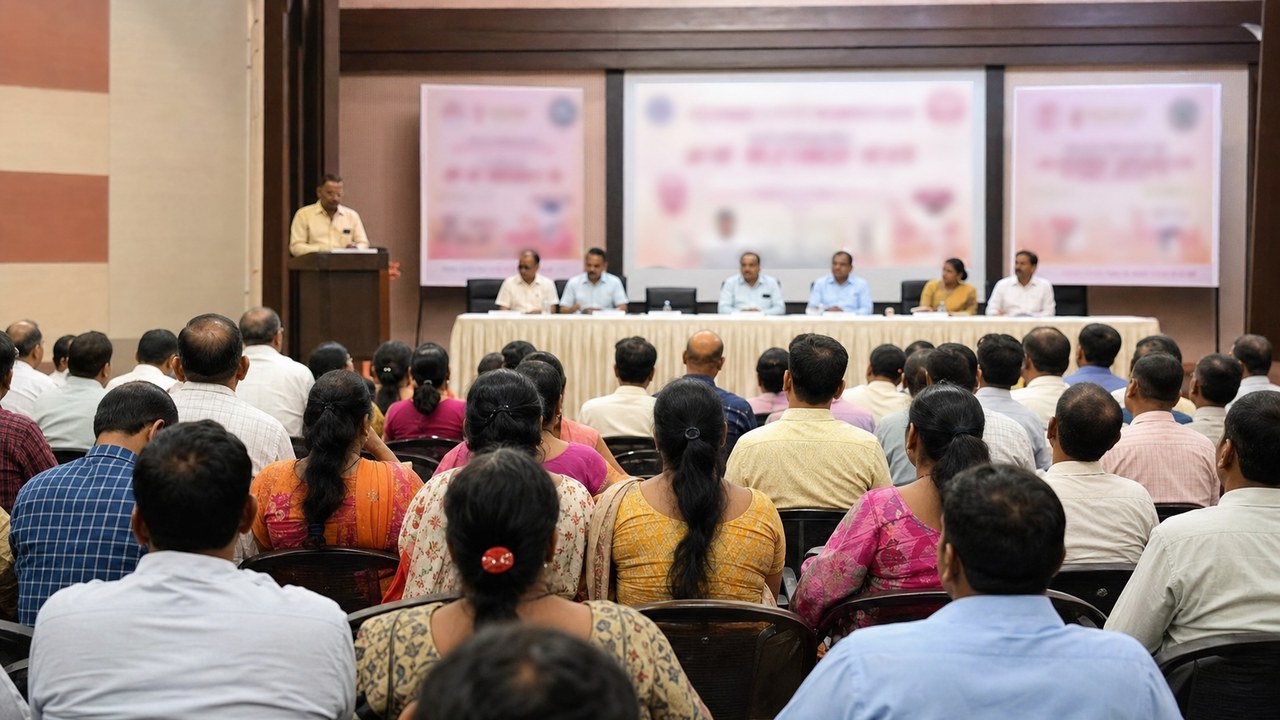 Teachers and education workers attending a welfare scheme launch event in Varanasi