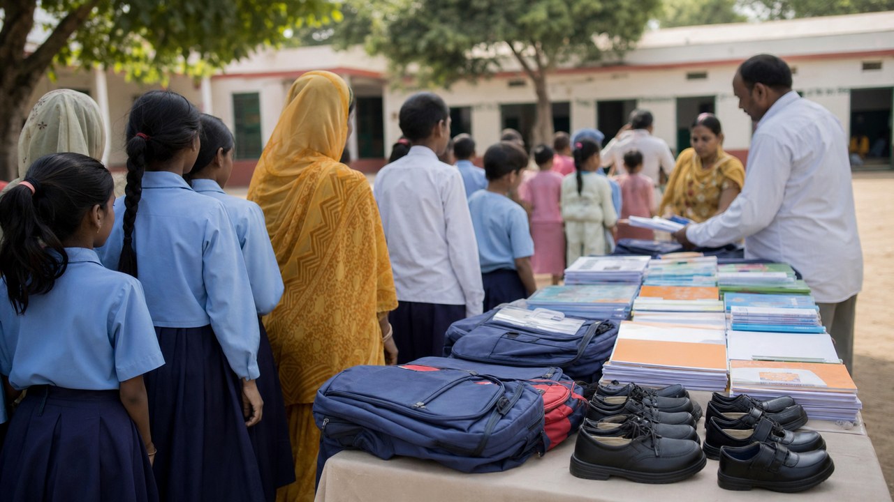 Government school students and parents receiving support for school supplies in Uttar Pradesh