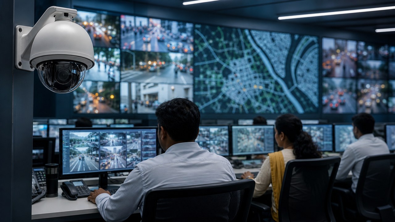 Integrated command centre monitoring traffic and security camera feeds in Varanasi
