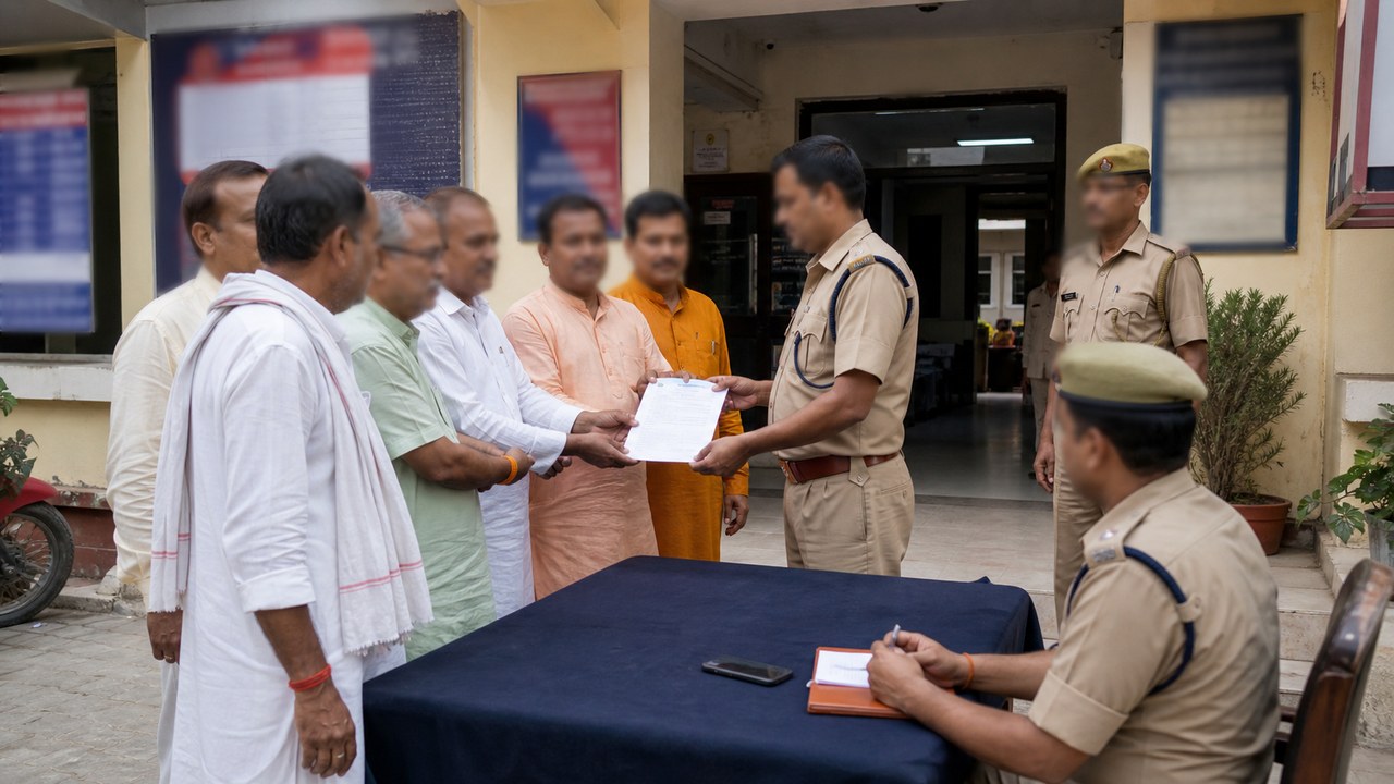 Political workers submitting a written complaint at a police station in Varanasi