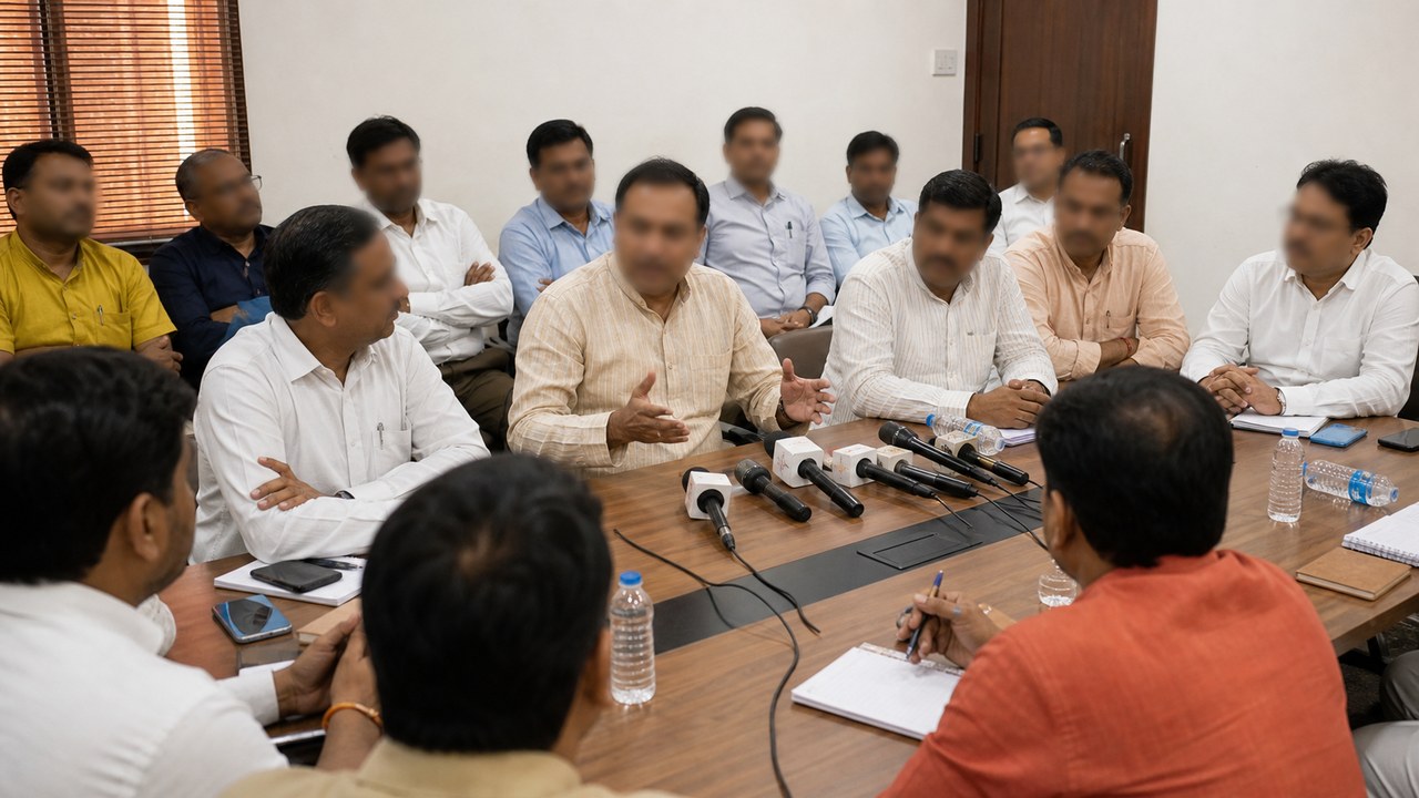 Local political workers discussing a controversy at a press table in Varanasi