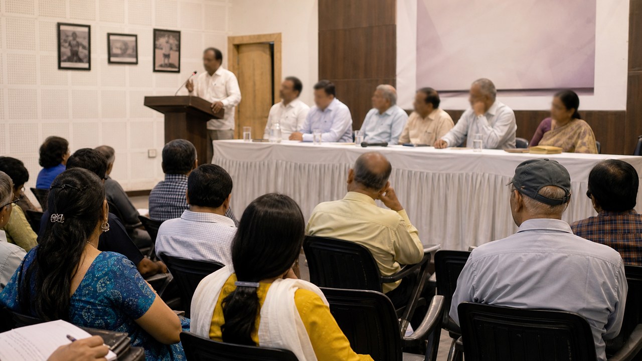 Speakers and attendees at a civic seminar on democratic values in Varanasi