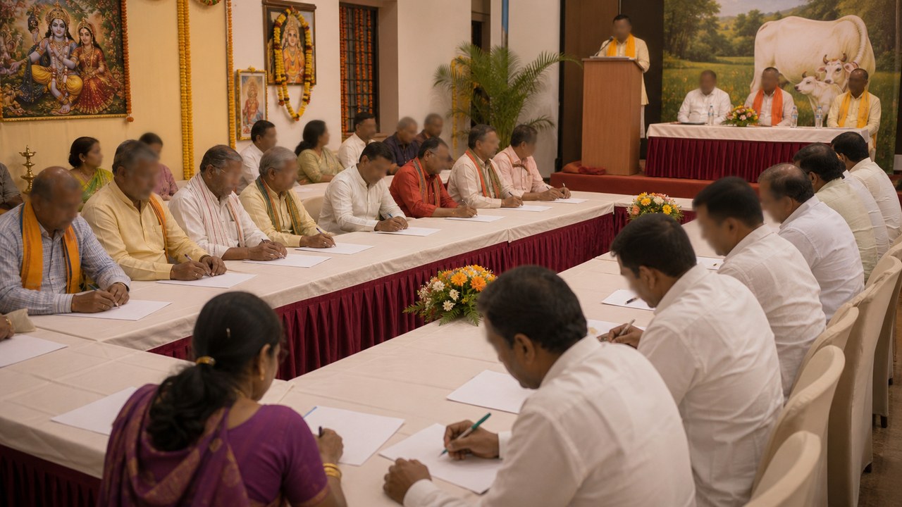 Participants at a neutral cultural seminar in Varanasi discussing a cow protection campaign