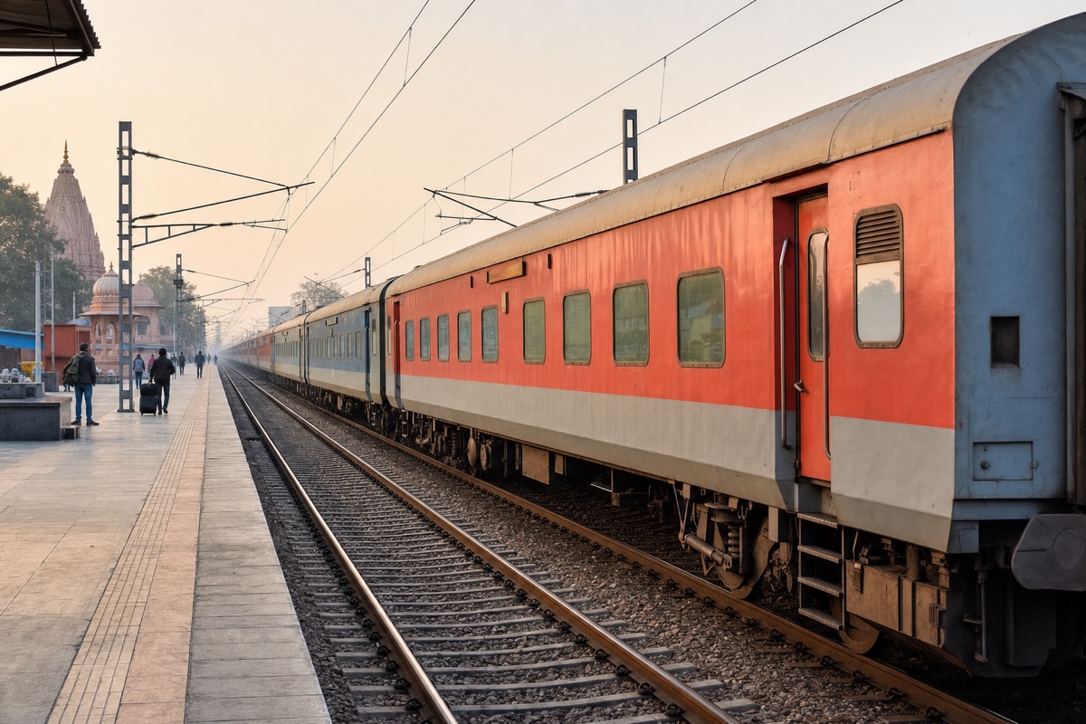 Passenger train at a Varanasi railway platform in warm early-morning light