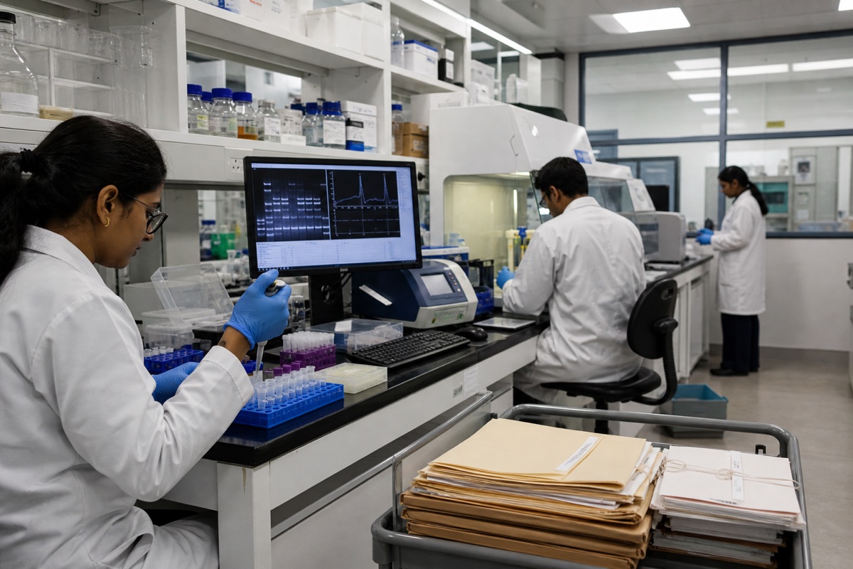 Forensic genetics laboratory workspace with labelled sample tubes and archival research materials