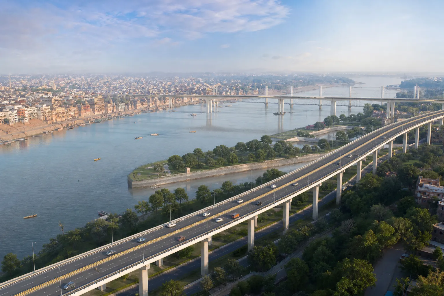 Representative visualization of elevated corridors beside the Ganga in Varanasi