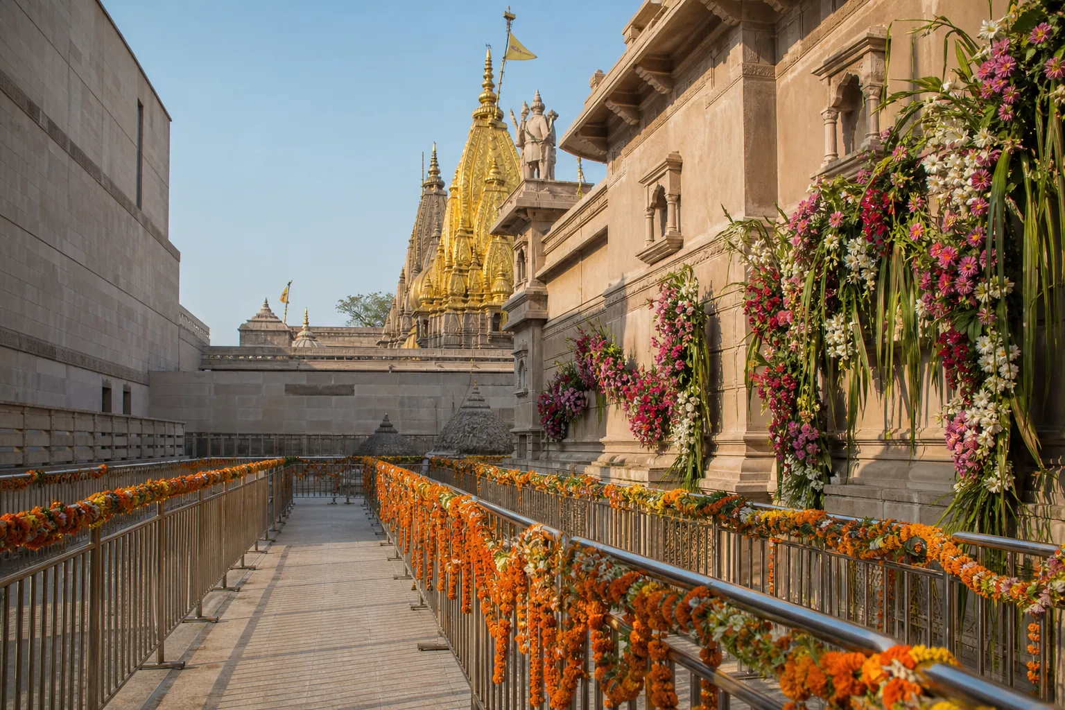 Representative image of the flower-decorated approach to Kashi Vishwanath Dham