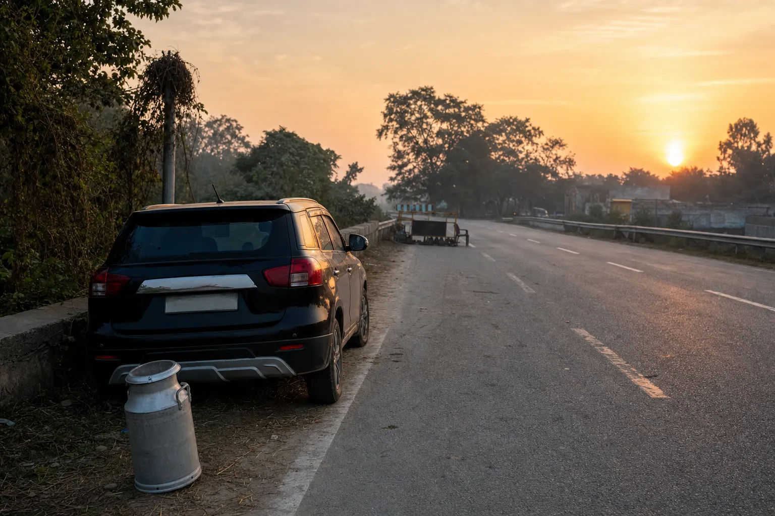 Representative image of a black SUV and milk can beside a road near Varanasi