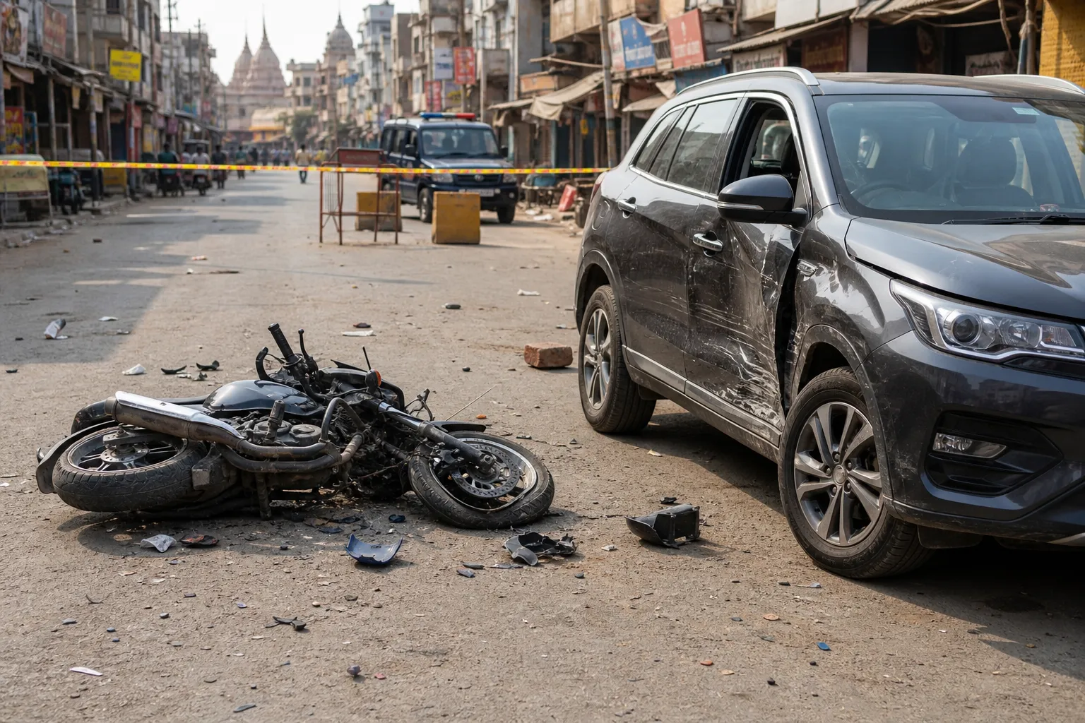 Representative image of an SUV and damaged motorcycle on a Varanasi street