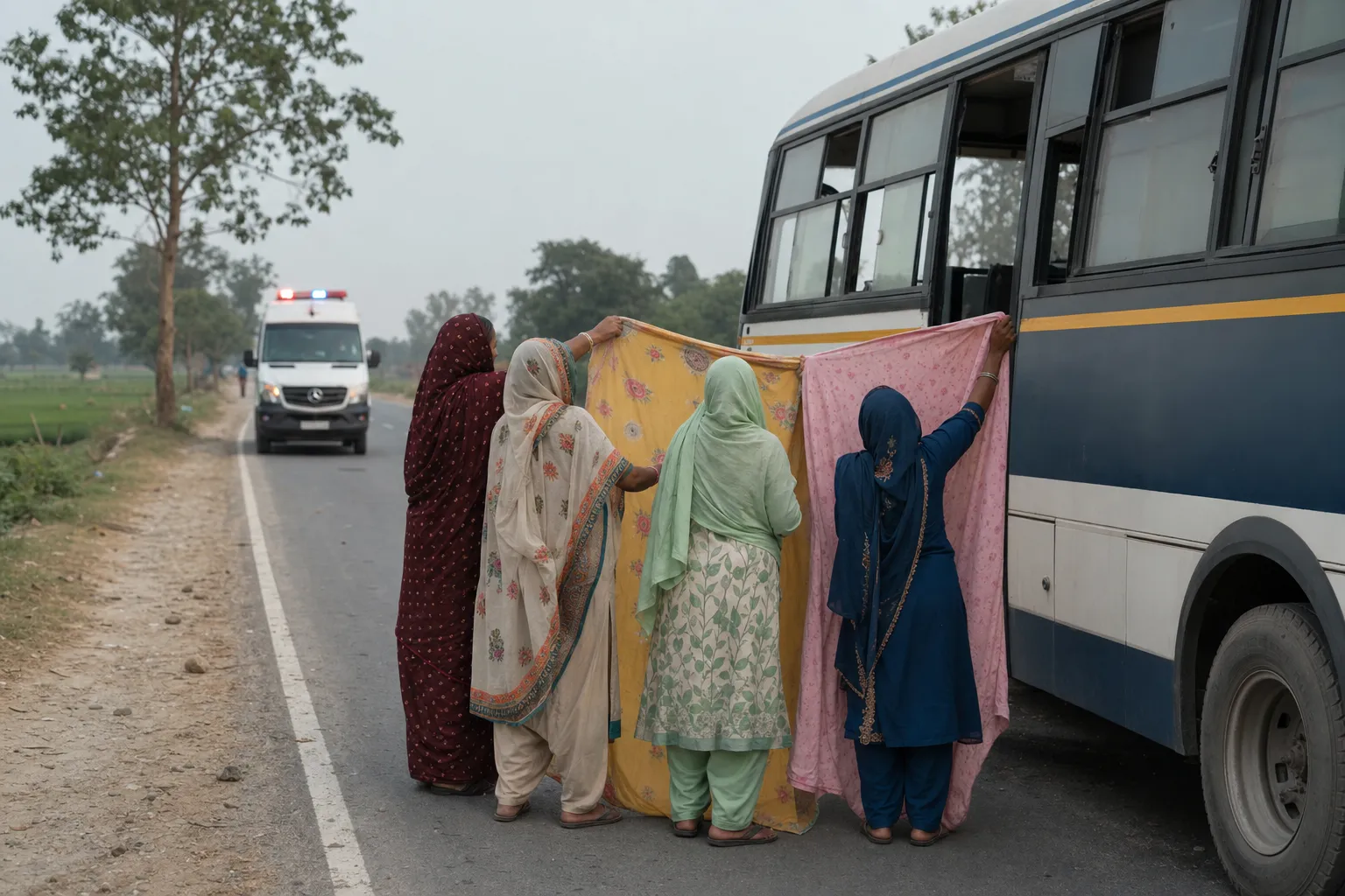 Local Women Help Passenger Deliver Safely Beside Road After Bus Exit