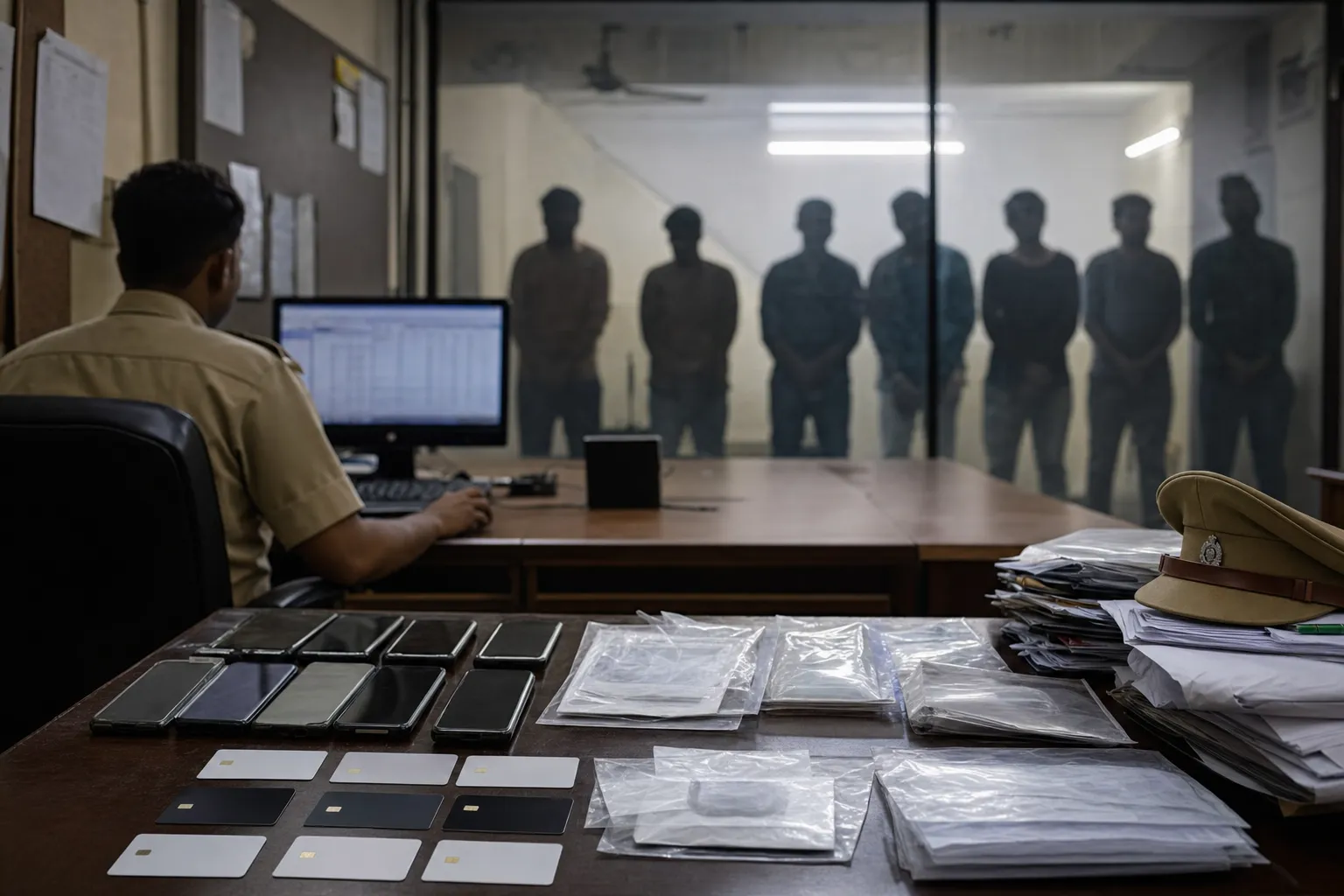 Representative cybercrime investigation with phones and bank cards on an evidence desk