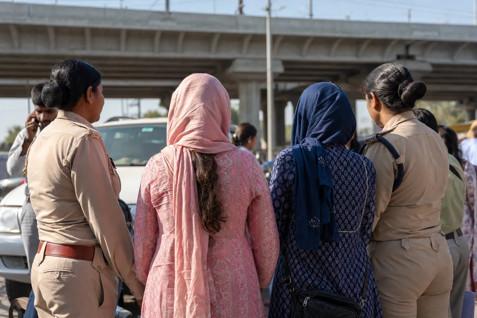 Representative scene of two women speaking with female police officers near a flyover