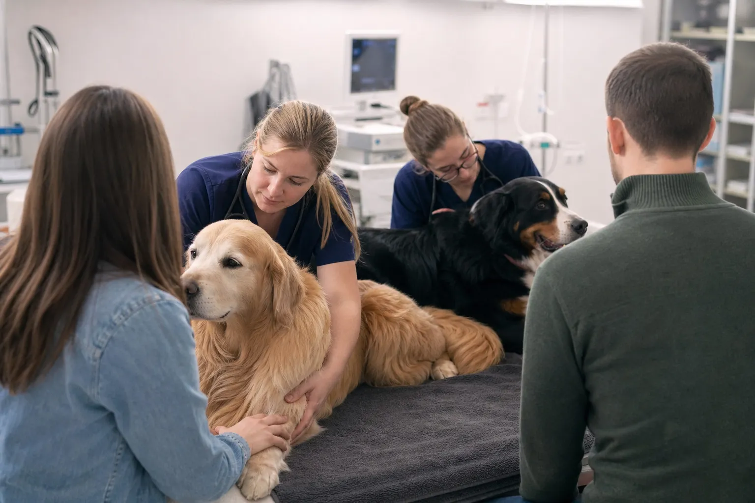 Non-graphic representative image of two large dogs receiving veterinary care