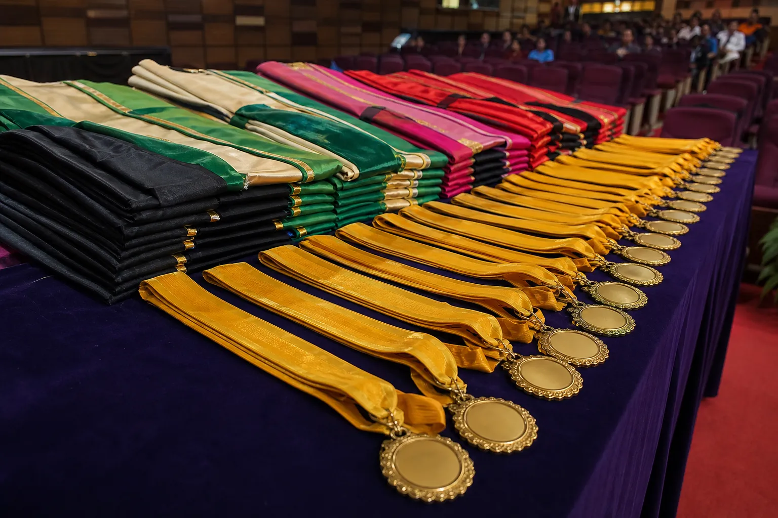 Representative university medals and convocation gowns arranged in an auditorium