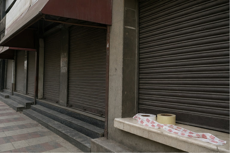 Closed commercial storefronts representing liquor shops facing proposed HSVP action in Gurugram