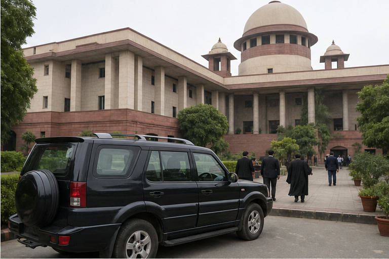 Dark SUV outside a courthouse during proceedings linked to a Gurugram road crash
