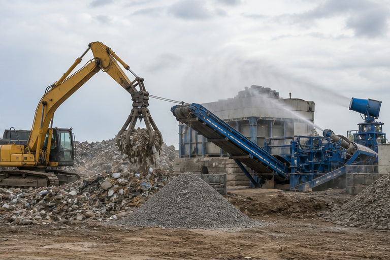 An excavator sorting construction rubble at a waste-processing facility