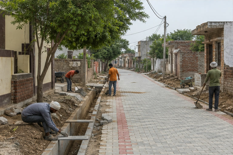Workers improving a lane and drain in a Gurugram village