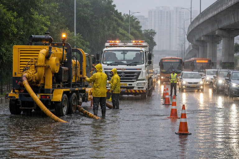Municipal response vehicles travelling through heavy rain on a Gurugram road