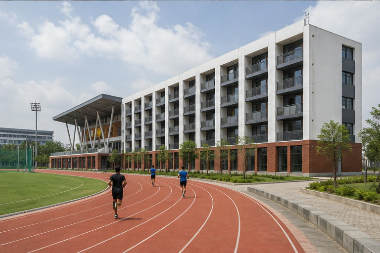 A conceptual modern sports hostel beside an athletics track in Gurugram
