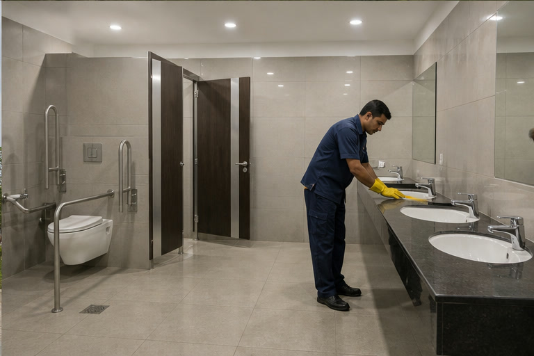 A maintenance worker checking fixtures inside a clean model public toilet