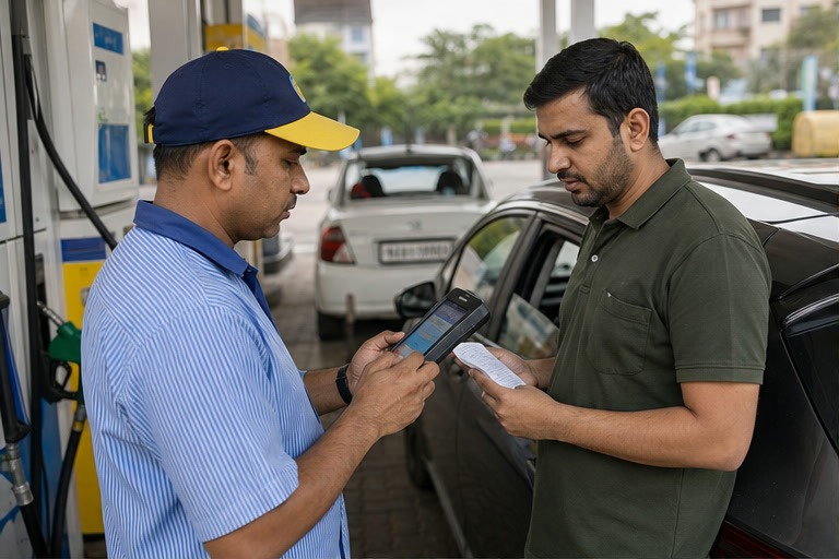 A fuel attendant checking a motorist's vehicle-emissions certificate