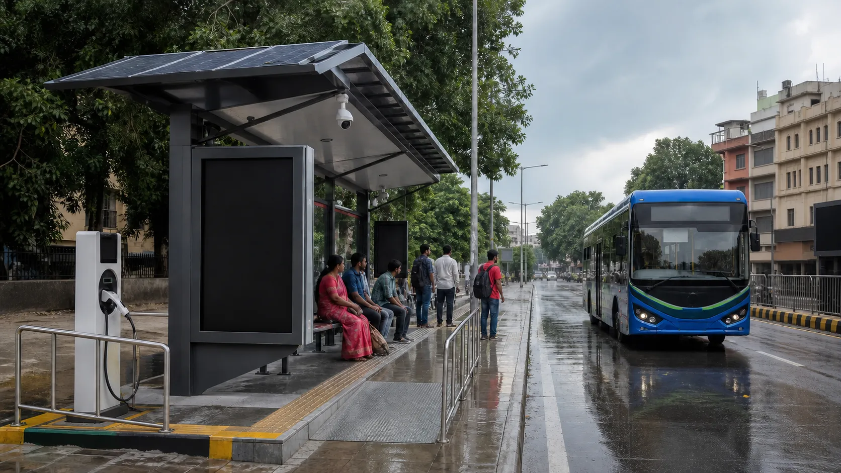 Modern solar-powered bus shelter with passengers, digital information display and EV charging area in Varanasi