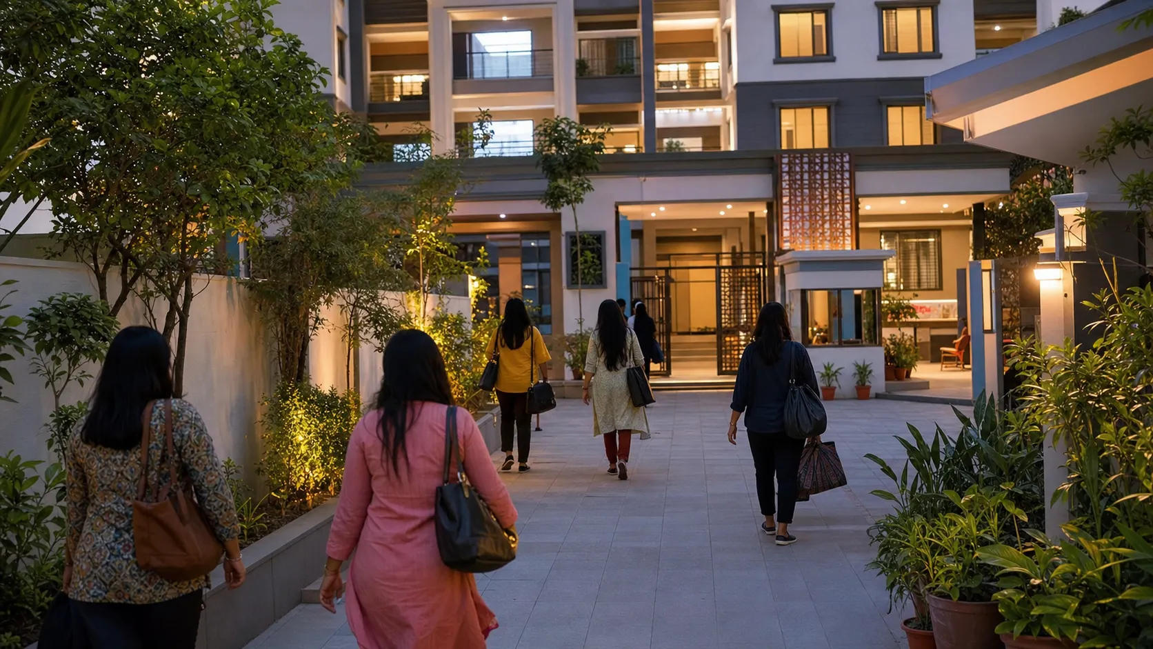A modern secure hostel building with women entering through a landscaped courtyard