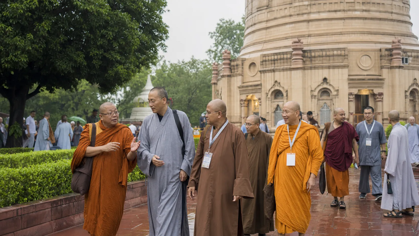 Buddhist monks and visitors gathered near Mulagandha Kuti Vihara in Sarnath