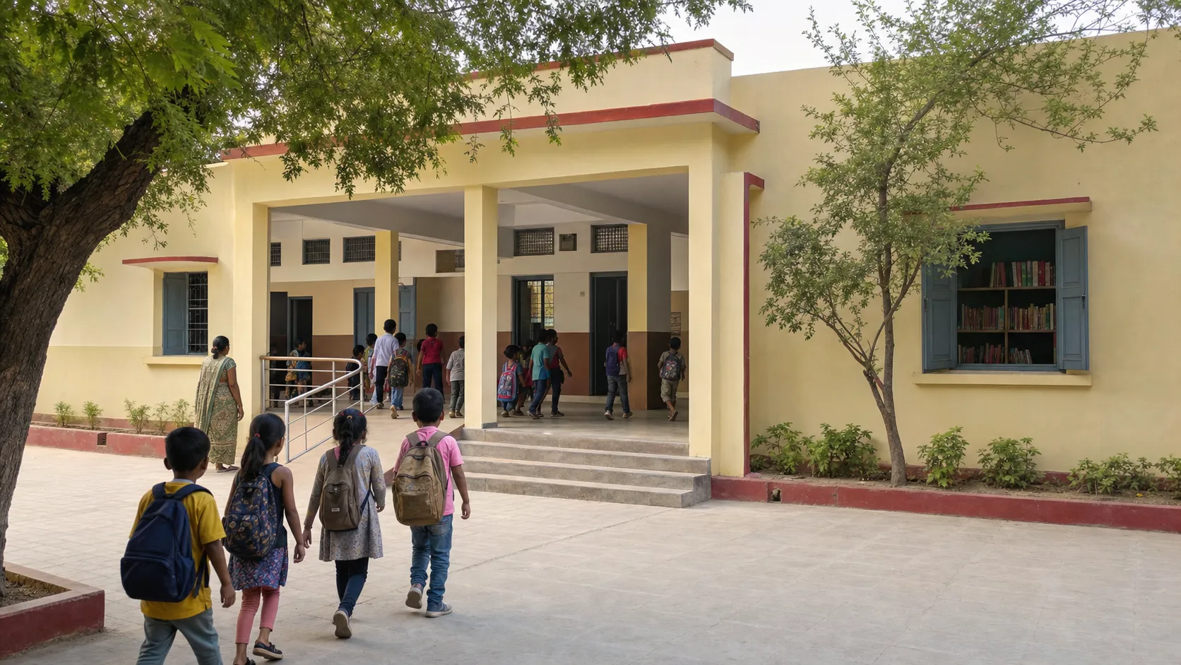 Students entering a renovated government school building in Varanasi with a clean courtyard