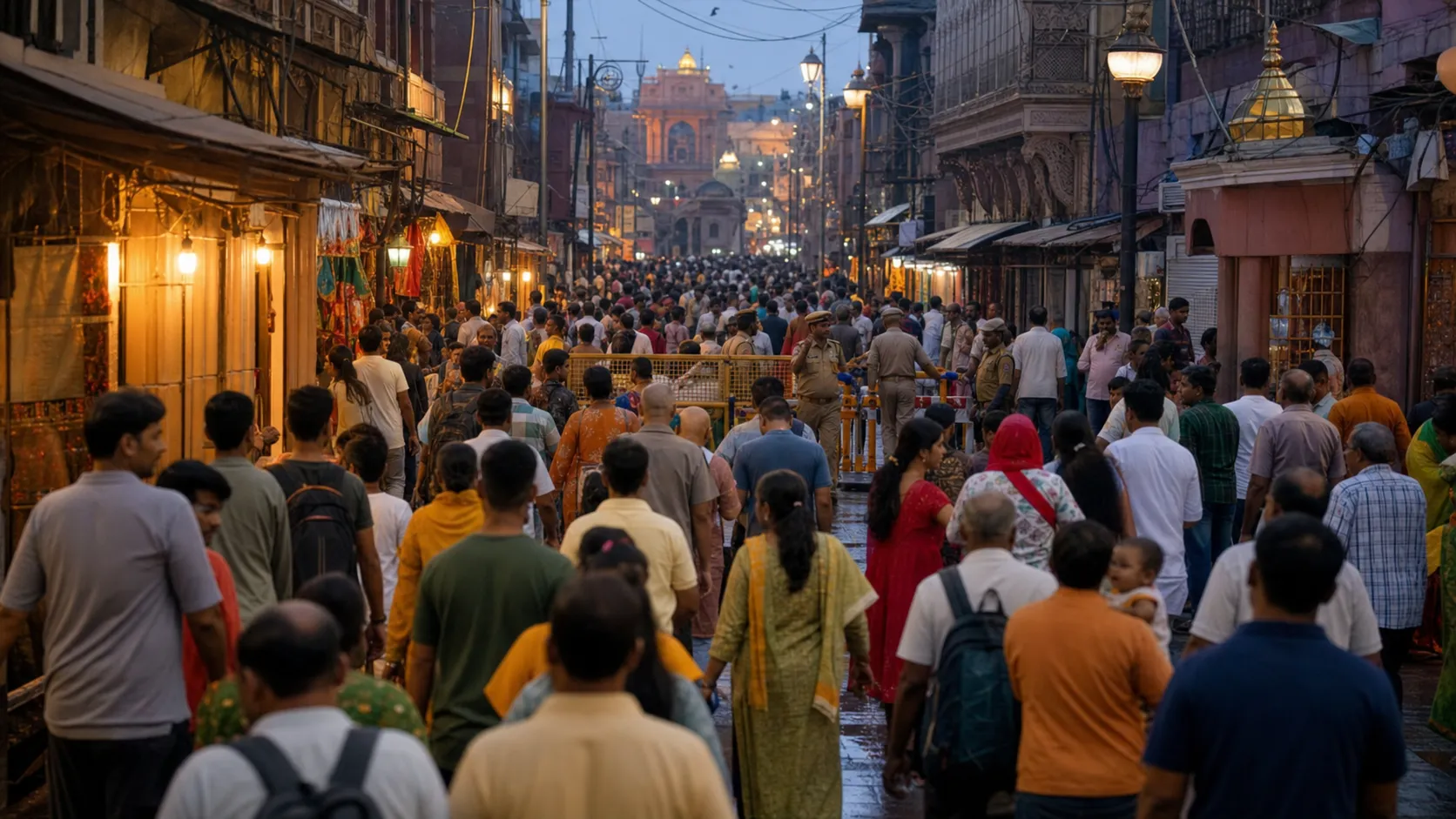 Dense evening crowd of pilgrims moving through a narrow Varanasi market lane