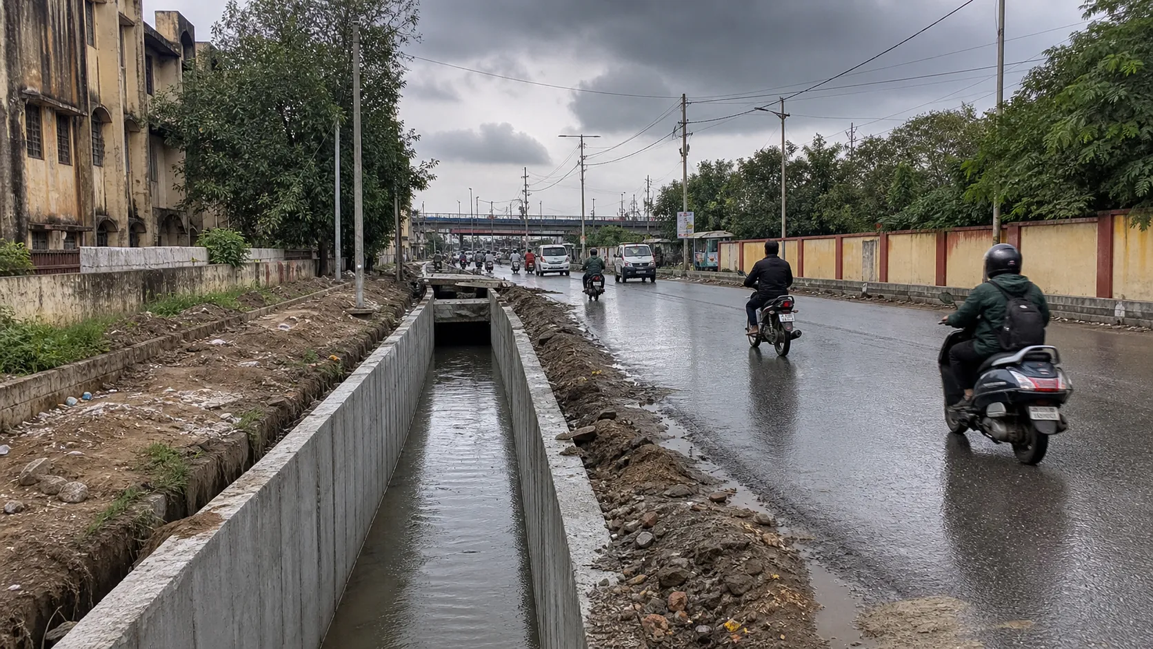 A stormwater drain being built beside a road near railway housing in Varanasi