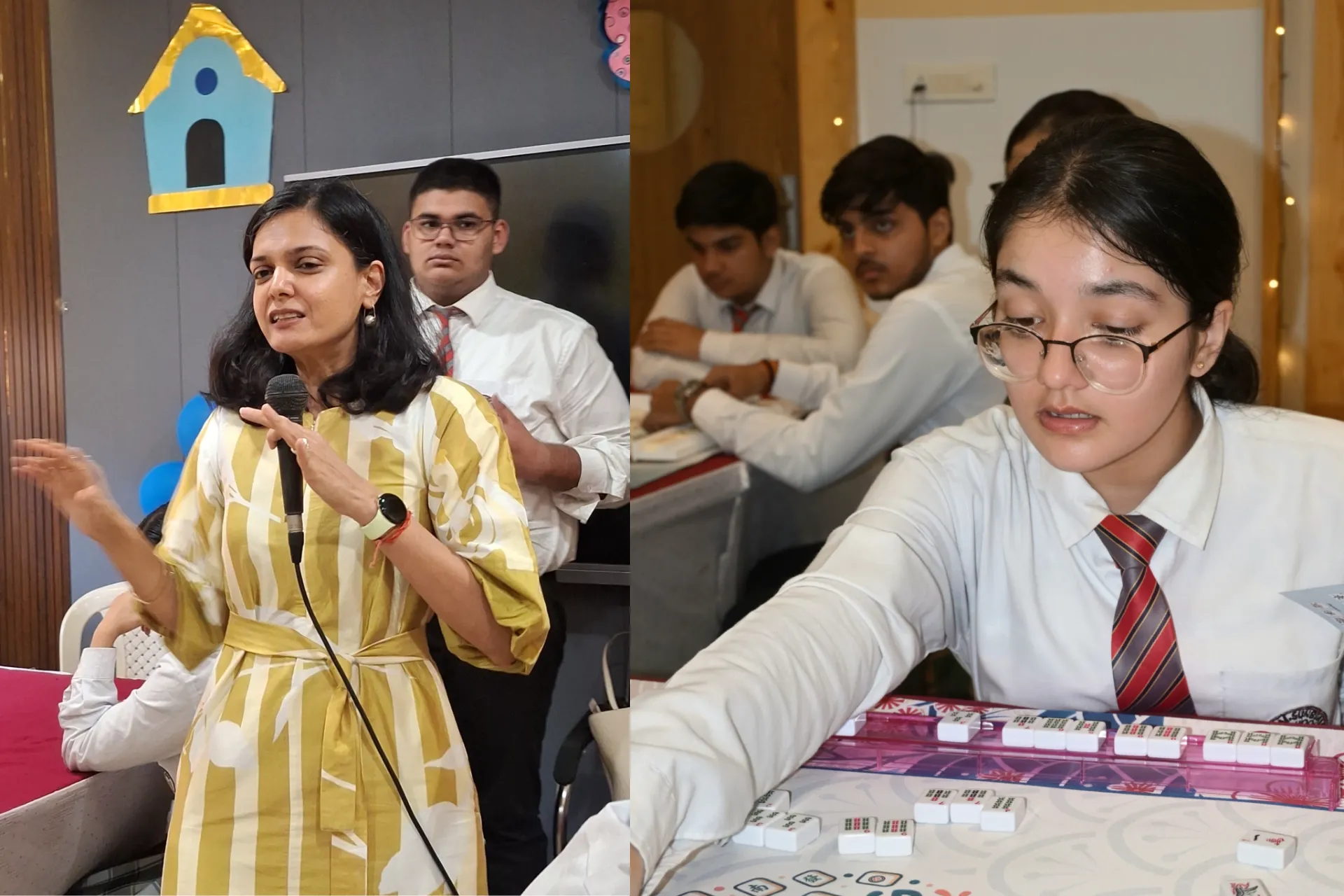 Students learning to play Mahjong during a guided training session at Dalimss Sunbeam School, using colourful tiles to practise memory, concentration and strategic thinking.