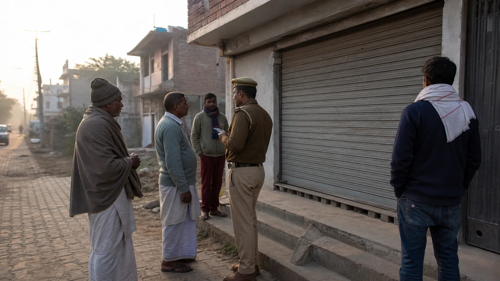 A closed liquor outlet in Sujabad as residents speak with an official outside