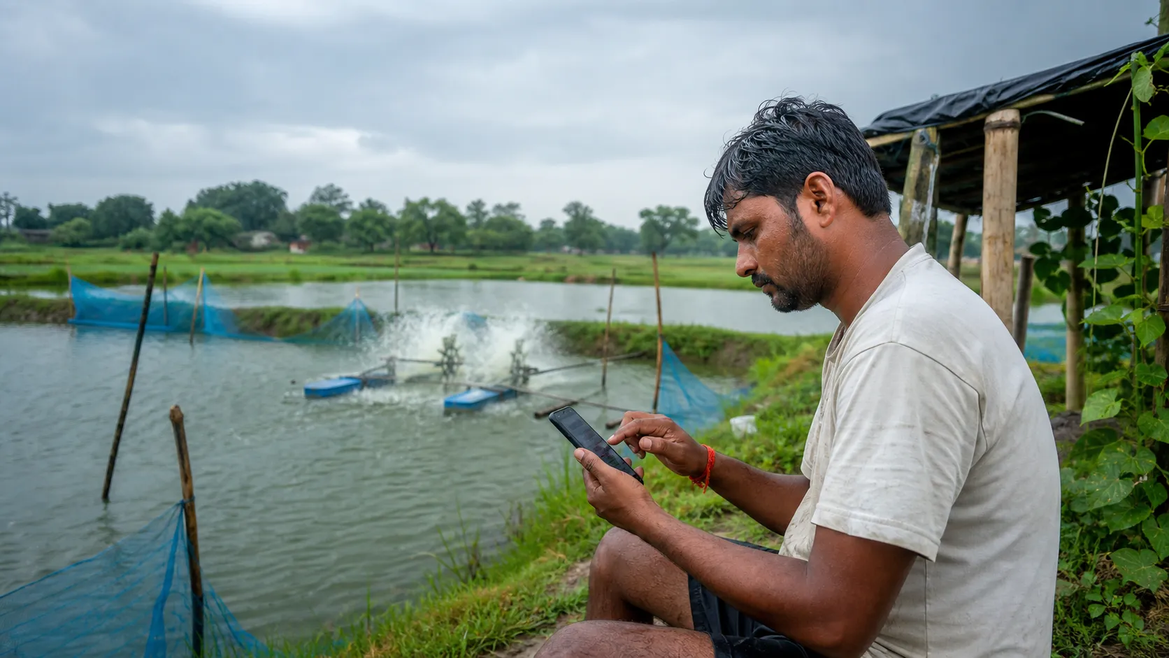 Fish farmer checking an online scheme application beside a pond near Varanasi