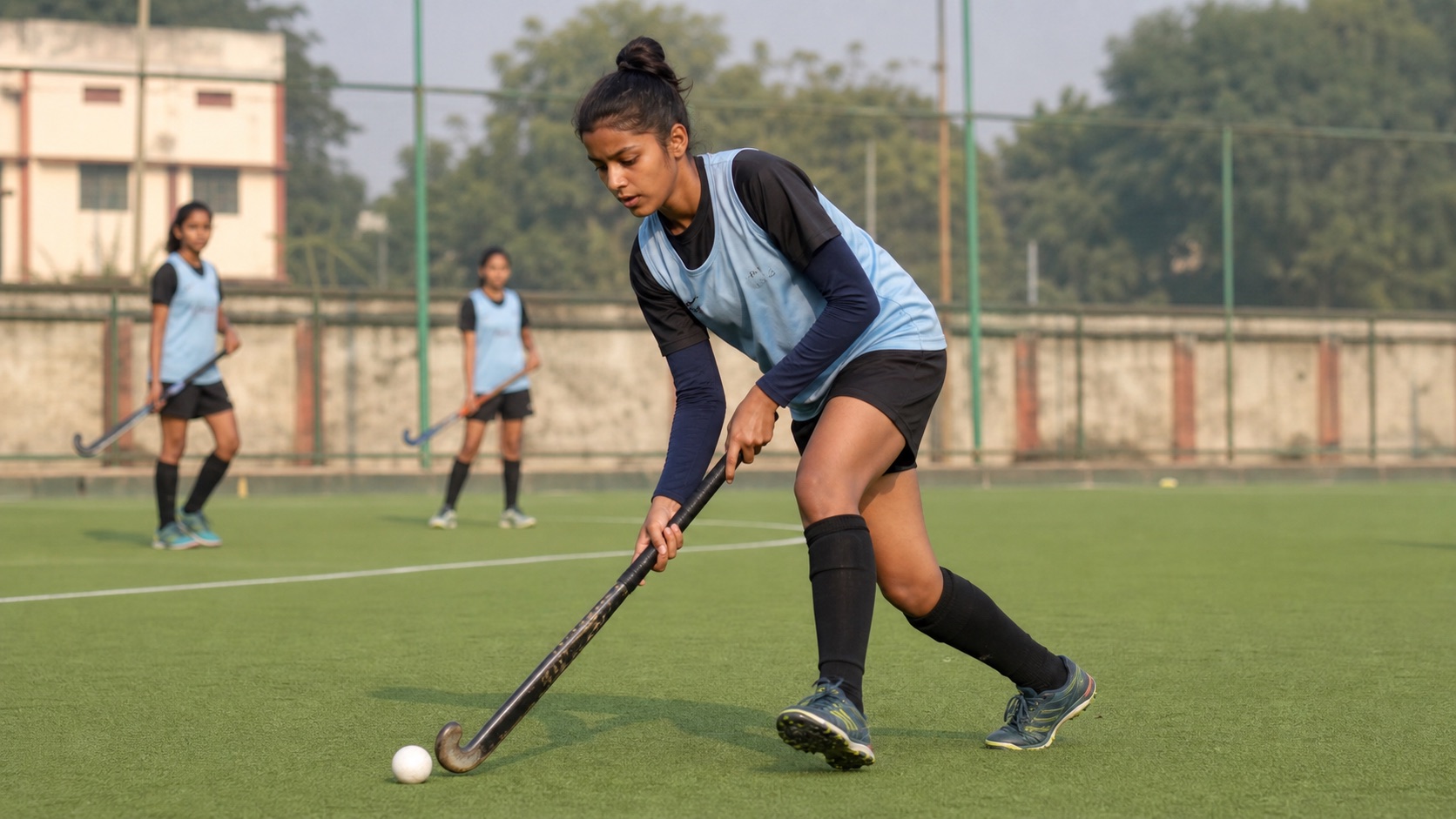 Young woman hockey forward training on an outdoor turf near Varanasi