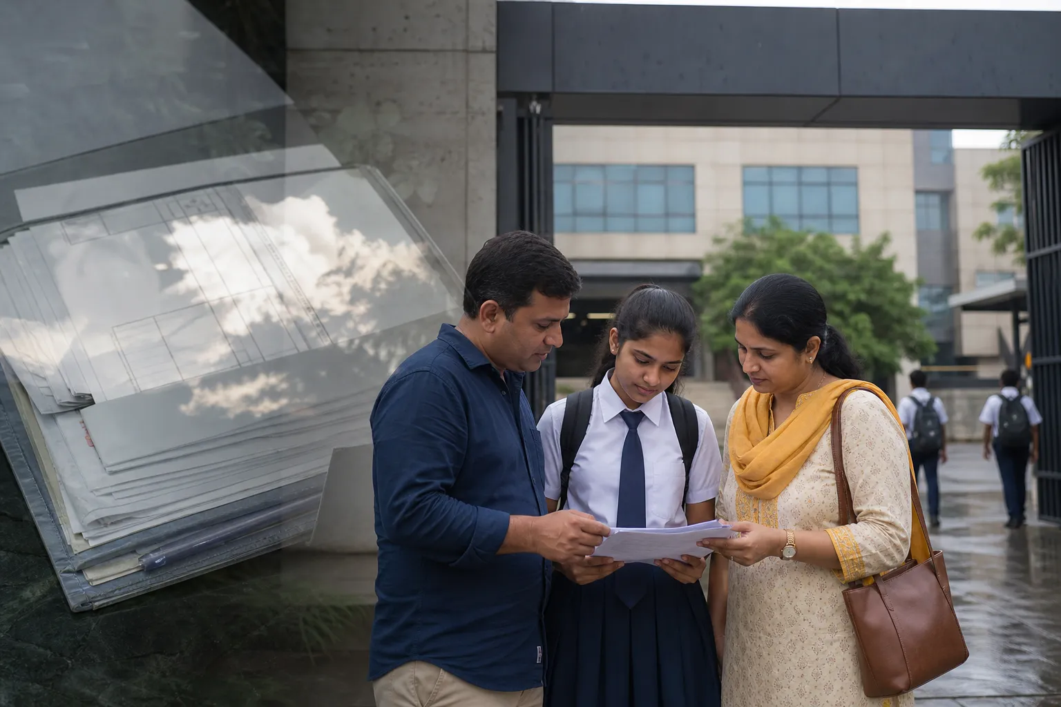 Indian parents and a school student review fee paperwork outside a Delhi school.