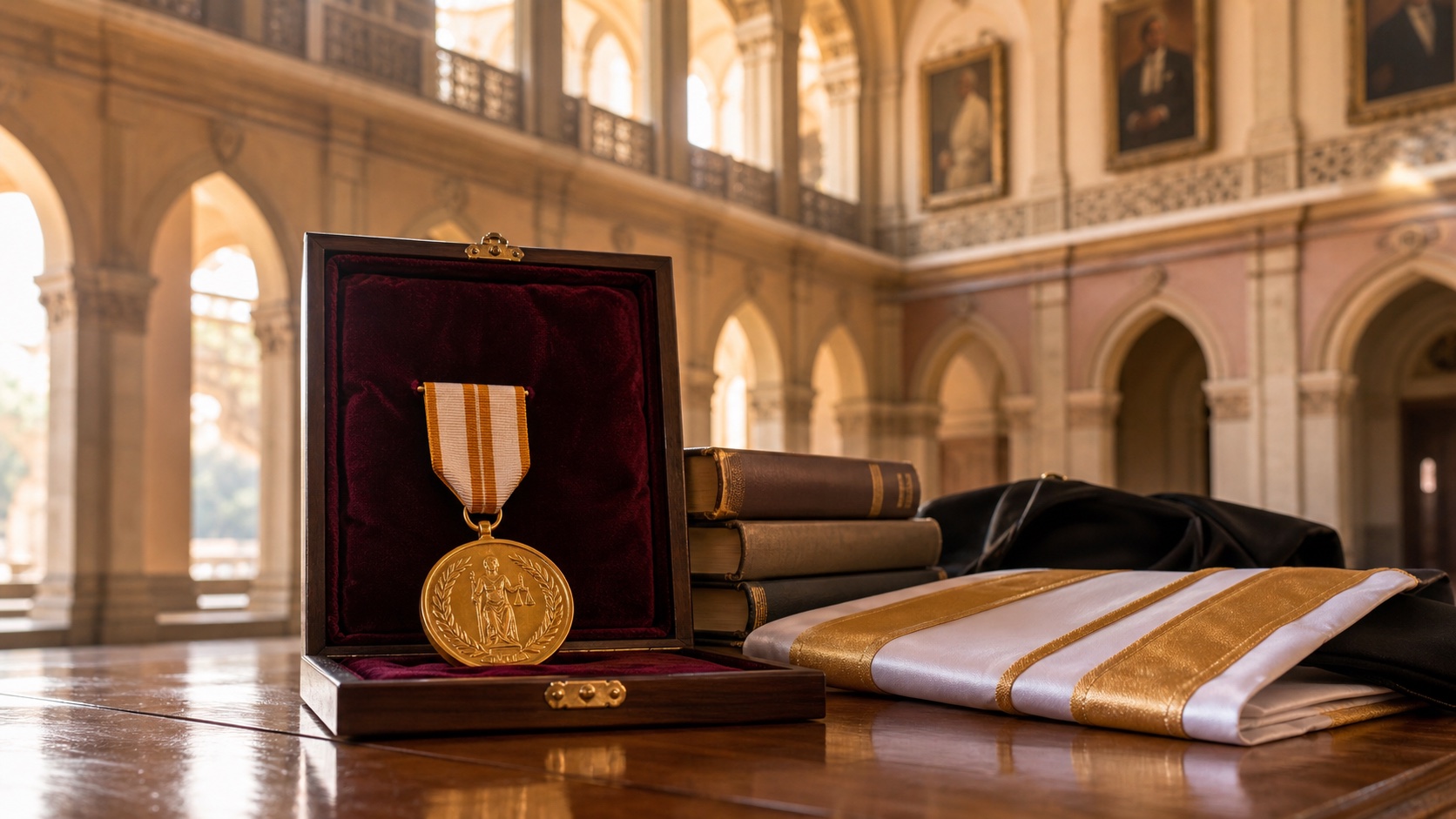 A ceremonial medal beside law books in a university hall