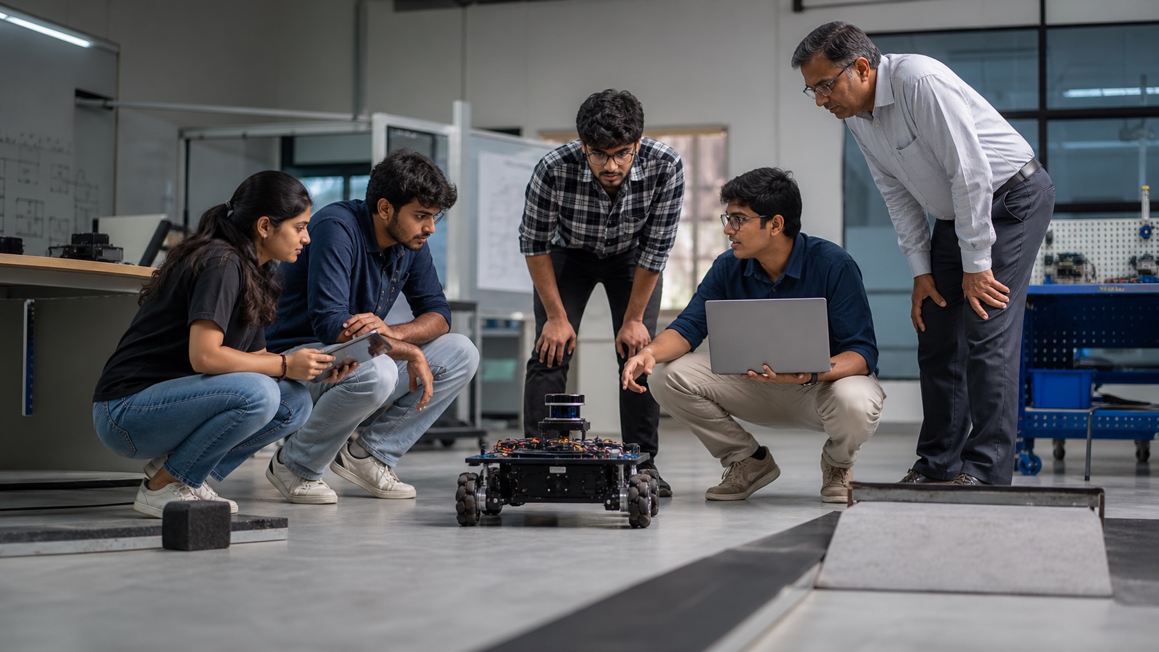 University robotics researchers testing a small autonomous machine
