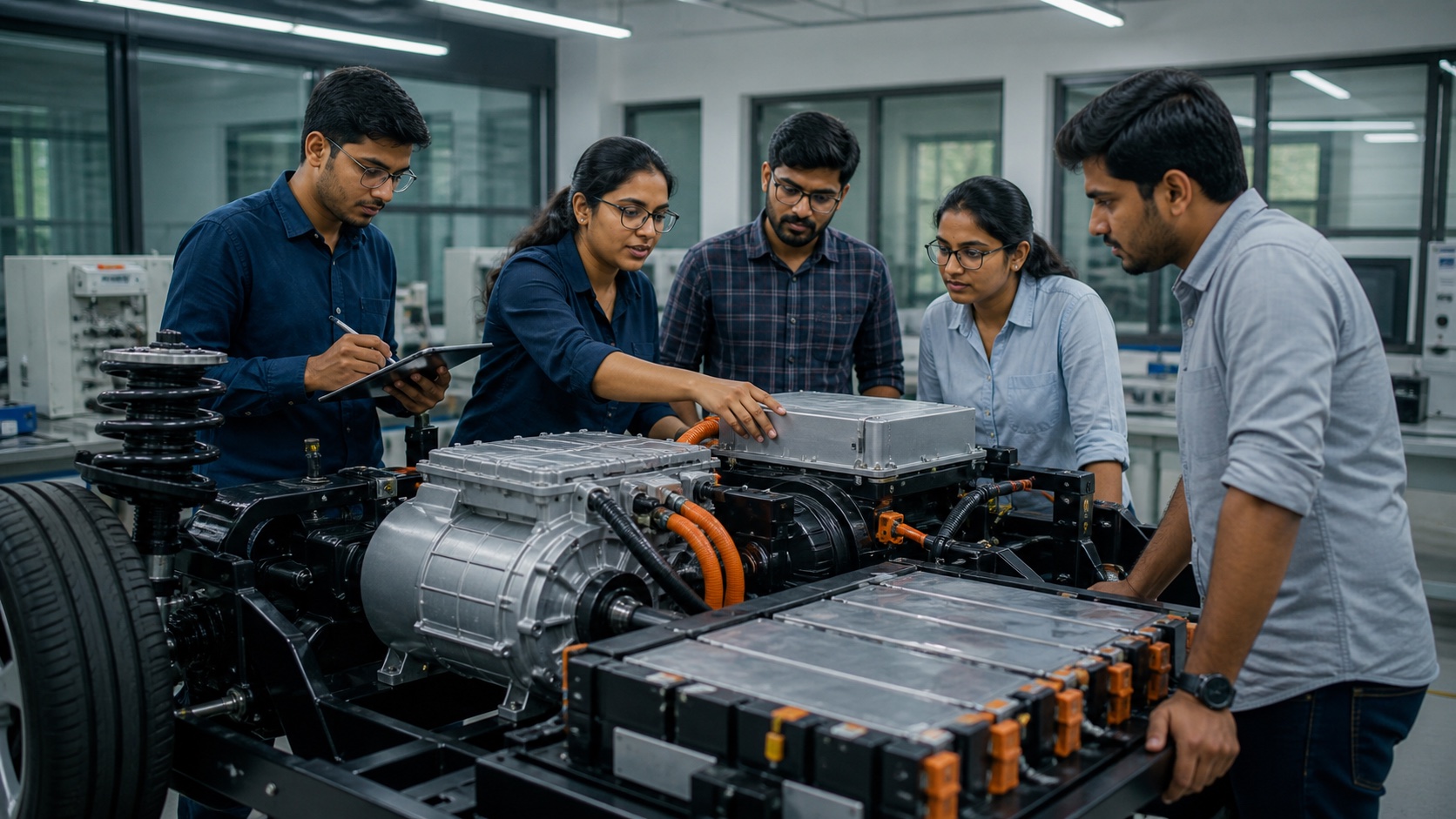 Researchers examining an electric vehicle drivetrain in an engineering laboratory