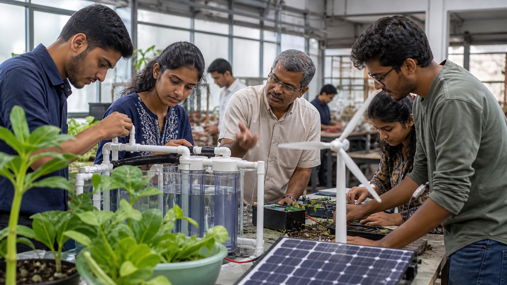 Students developing a green technology prototype in a university innovation space