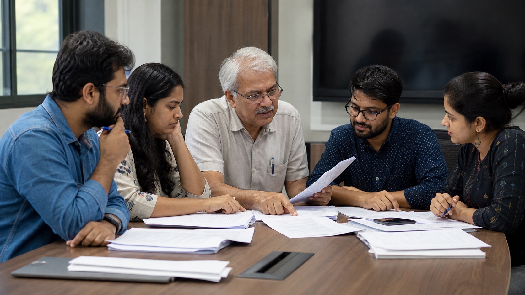 Research scholars reviewing a manuscript together in a university classroom