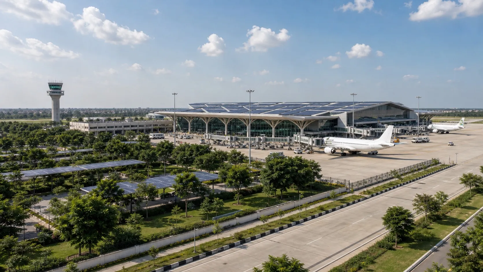 Architectural view of a greener expanded airport terminal in Varanasi